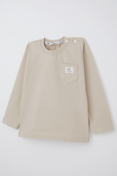 Baby Boy Long Sleeve T-Shirt with Pocket Detail, Cool Letter Applique, 9 Months-3 Years, Beige - 3