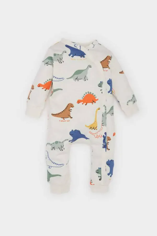 Baby Boy Newborn Dinosaur Print Snap Fastening Knitted Long Sleeve Romper Ecru - 1