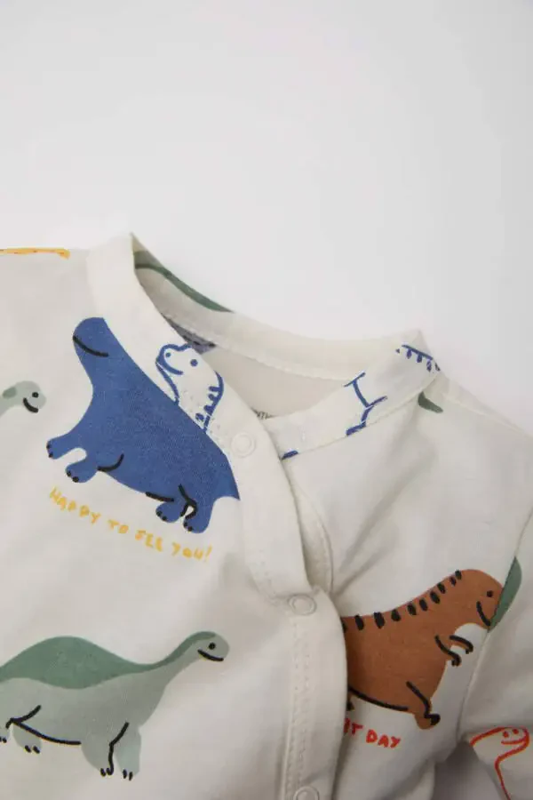 Baby Boy Newborn Dinosaur Print Snap Fastening Knitted Long Sleeve Romper Ecru - 2