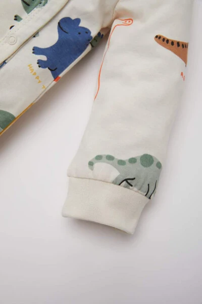 Baby Boy Newborn Dinosaur Print Snap Fastening Knitted Long Sleeve Romper Ecru - 3