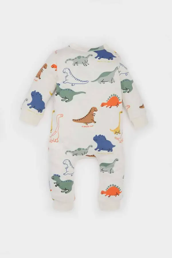 Baby Boy Newborn Dinosaur Print Snap Fastening Knitted Long Sleeve Romper Ecru - 4