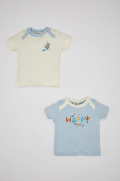 Baby Boy Newborn Envelope Neck 2-Pack Printed Short Sleeve T-Shirt Light Blue - 1