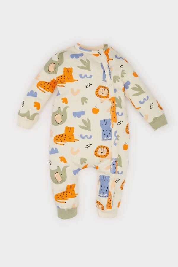 Baby Boy Newborn Safari Print Long Sleeve Snap-Closure Jumpsuit Sand - 1