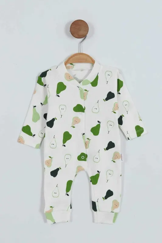 Baby Boy Pear Print Ribbed Knit Snap Fastener Newborn Jumpsuit 100% Cotton Elastic 1-3-6 Months-WHITE - DINAMIK ÇOCUK