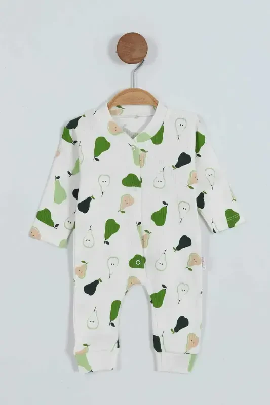 Baby Boy Pear Print Ribbed Knit Snap Fastener Newborn Jumpsuit 100% Cotton Elastic 1-3-6 Months-WHITE - 1