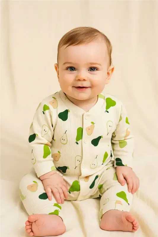 Baby Boy Pear Print Ribbed Newborn Romper 100% Cotton Flexible 1-3-6 Months-ECRU PEAR - 1