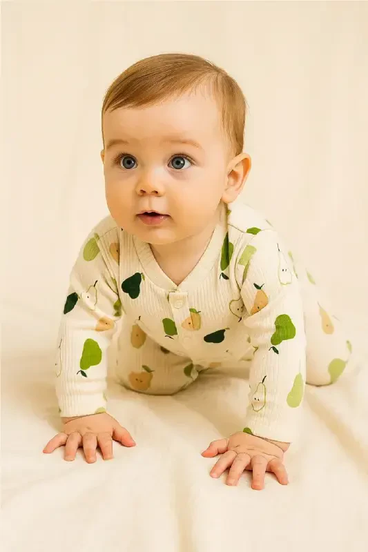 Baby Boy Pear Print Ribbed Newborn Romper 100% Cotton Flexible 1-3-6 Months-ECRU PEAR - 2
