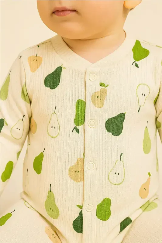 Baby Boy Pear Print Ribbed Newborn Romper 100% Cotton Flexible 1-3-6 Months-ECRU PEAR - 3