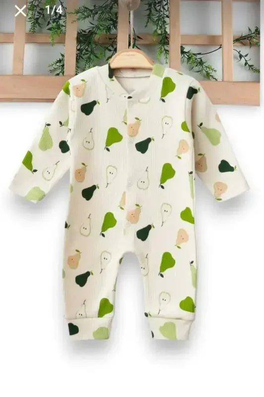 Baby Boy Pear Print Ribbed Newborn Romper 100% Cotton Flexible 1-3-6 Months-ECRU PEAR - 4