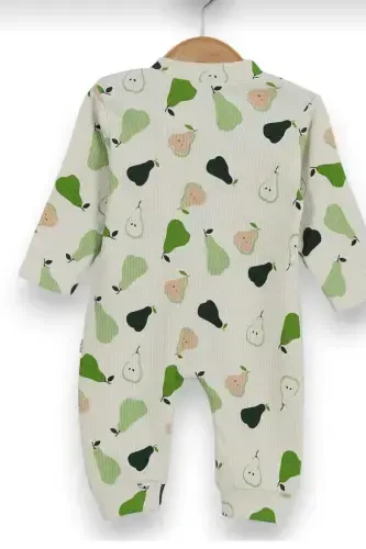 Baby Boy Pear Print Ribbed Newborn Romper 100% Cotton Flexible 1-3-6 Months-ECRU PEAR - 5