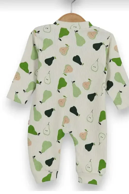 Baby Boy Pear Print Ribbed Newborn Romper 100% Cotton Flexible 1-3-6 Months-ECRU PEAR - 5