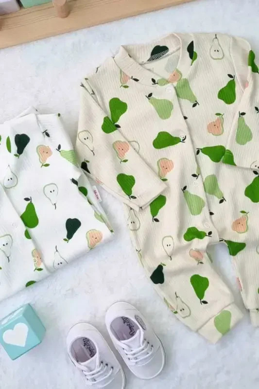 Baby Boy Pear Print Ribbed Newborn Romper 100% Cotton Flexible 1-3-6 Months-ECRU PEAR - 8