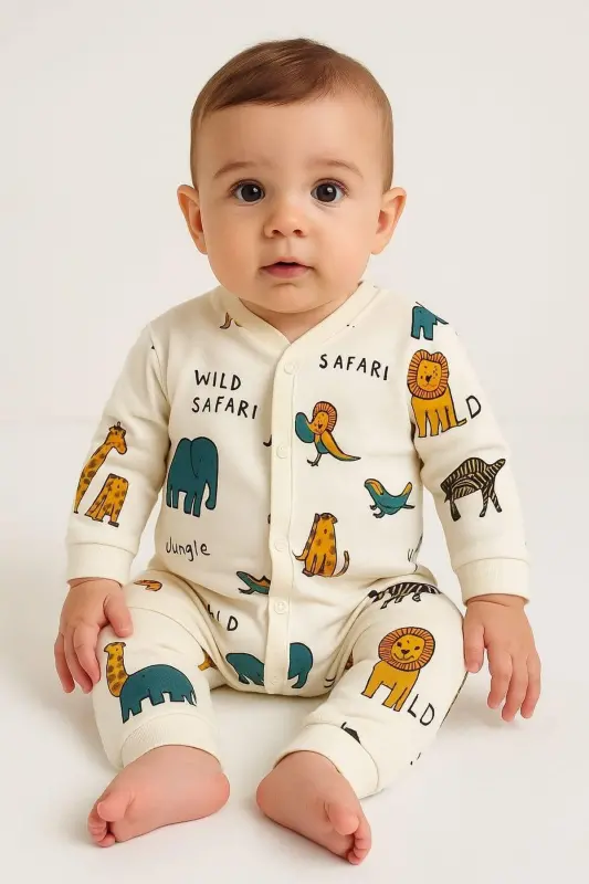 Baby Boy Safari Print Snap-Closure Newborn Baby Romper 100% Cotton Flexible 1-3-6 Months-SAFARI - DINAMIK ÇOCUK