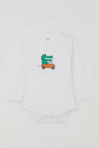 Baby Boy Snap Bodysuit Driver Little Crocodile Printed 9 Months-3 Years, Ecru - Ecru 