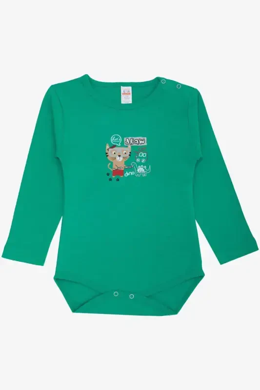 Baby Boy Snap Bodysuit Painter Kitten Printed 9 Months-3 Years, Green-Green - 1