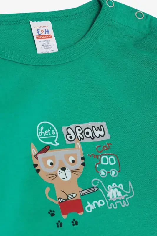 Baby Boy Snap Bodysuit Painter Kitten Printed 9 Months-3 Years, Green-Green - 3