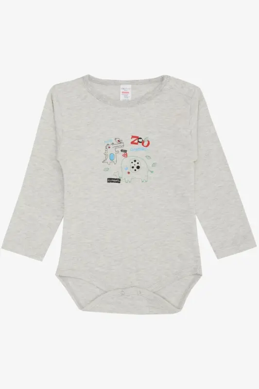 Baby Boy Snap Bodysuit Zoo Friendly Animals Printed 9 Months-3 Years, Beige Melan-Beige Melange - BREEZE