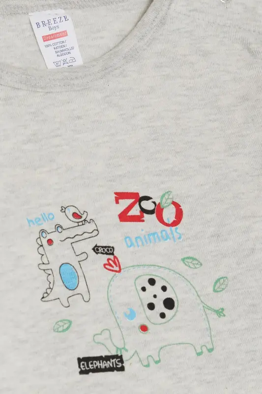 Baby Boy Snap Bodysuit Zoo Friendly Animals Printed 9 Months-3 Years, Beige Melan-Beige Melange - 3