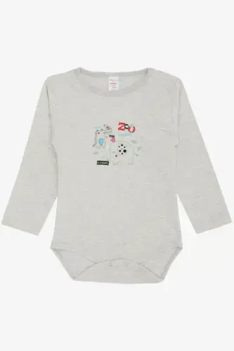 Baby Boy Snap Bodysuit Zoo Friendly Animals Printed 9 Months-3 Years, Beige Melan-Beige Melange - 1