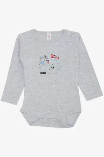 Baby Boy Snap Bodysuit Zoo Friendly Animals Printed 9 Months-3 Years, Light Gray-Light Gray Melange - 1