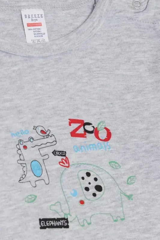 Baby Boy Snap Bodysuit Zoo Friendly Animals Printed 9 Months-3 Years, Light Gray-Light Gray Melange - 3