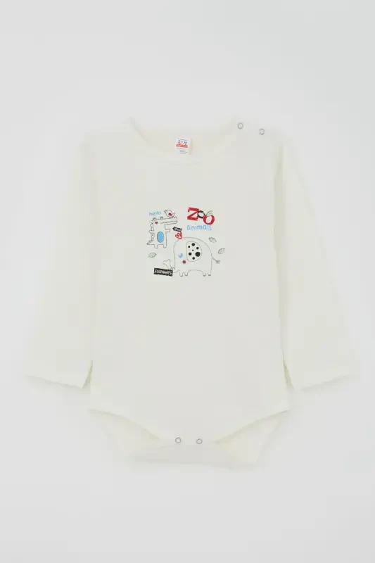 Baby Boy Snap-Up Bodysuit Zoo Friend Animals Printed 9 Months-3 Years, Ecru-Ecru - BREEZE