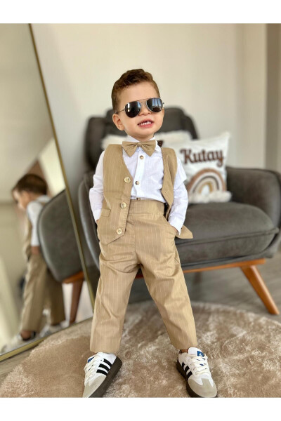 Baby Boy Striped Vest Suit Set (4 pieces): Shirt, Pants, Vest, Bow Tie - 7