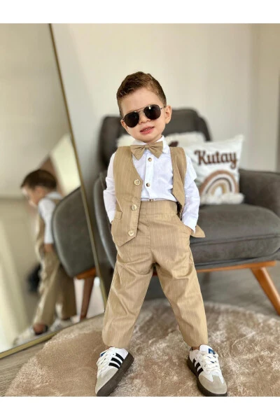 Baby Boy Striped Vest Suit Set (4 pieces): Shirt, Pants, Vest, Bow Tie - 8