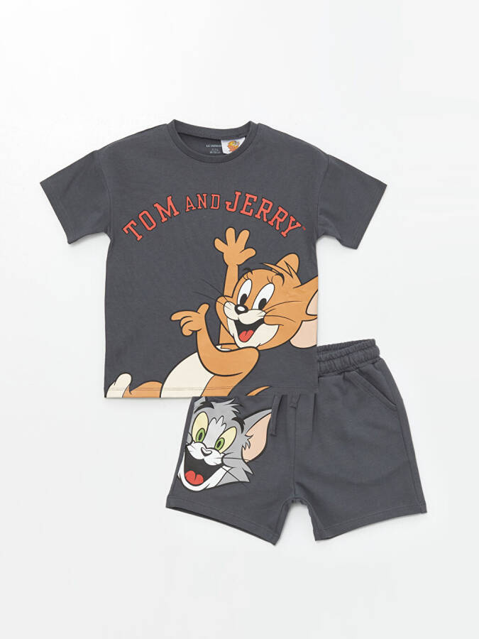 Baby Boy Tom and Jerry Printed T-Shirt and Shorts Set with Bicycle Collar - 1