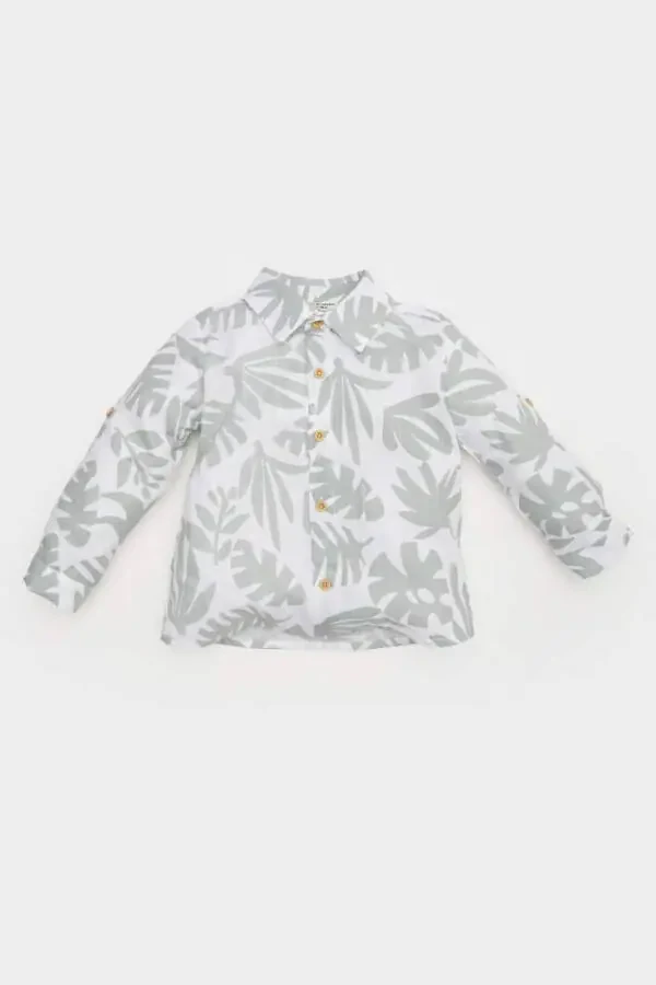 Baby Boy Tropical Patterned Bunting Poplin Long Sleeve Shirt Ecru - 1