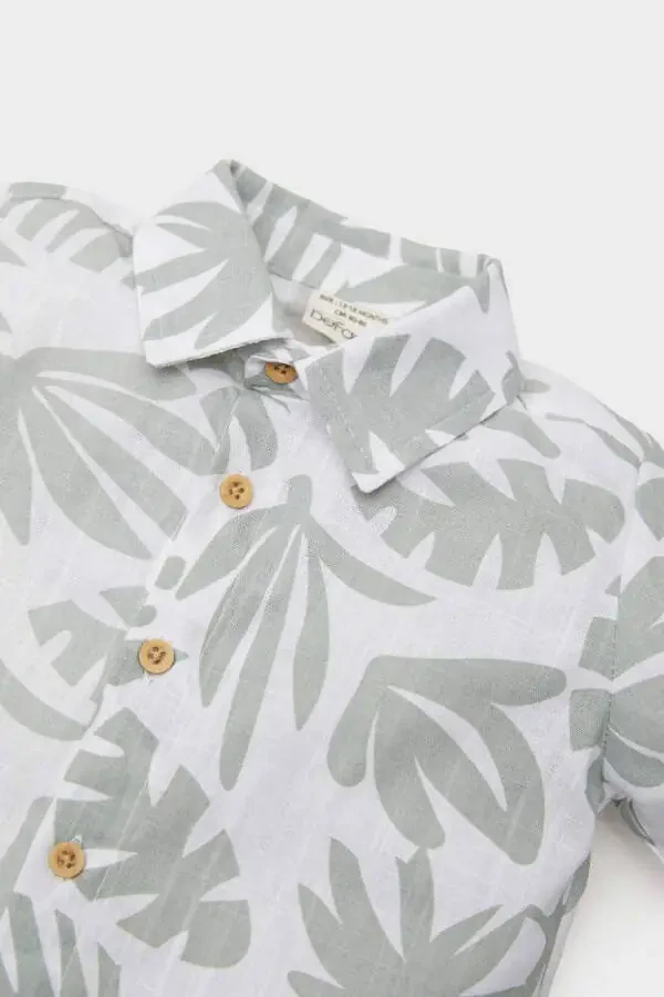 Baby Boy Tropical Patterned Bunting Poplin Long Sleeve Shirt Ecru - 2