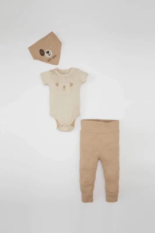 Baby Boys 3-Piece Set Ribbed Turtleneck Snap-Closure Short Sleeve Bodysuit Bottom Scarf-Beige Melange - 3