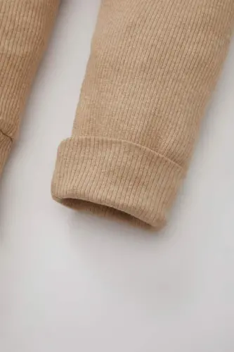 Baby Boys 3-Piece Set Ribbed Turtleneck Snap-Closure Short Sleeve Bodysuit Bottom Scarf-Beige Melange - 7