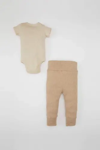 Baby Boys 3-Piece Set Ribbed Turtleneck Snap-Closure Short Sleeve Bodysuit Bottom Scarf-Beige Melange - 8
