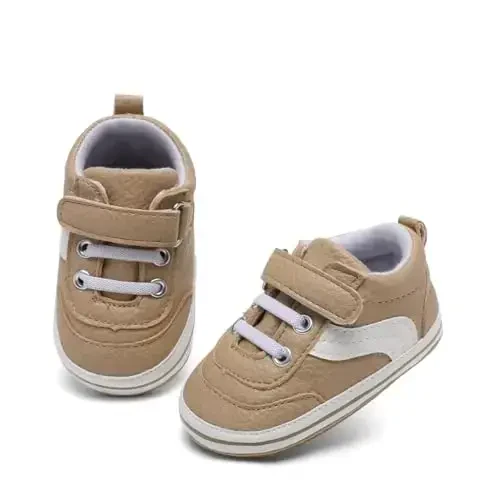 Baby Boys Girls Leather PRE-Walking Sneakers Toddler Anti-Slip Rubber Sole Infant Lightweight First Step Shoes - 4
