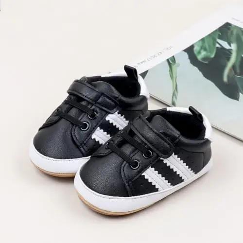Baby Boys Girls Leather PRE-Walking Sneakers Toddler Anti-Slip Rubber Sole Infant Lightweight First Step Shoes - 2