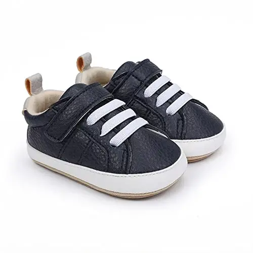 Baby Boys Girls Leather PRE-Walking Sneakers Toddler Anti-Slip Rubber Sole Infant Lightweight First Step Shoes - 4