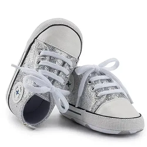 Baby Boys Girls Star High Top Sneaker Soft Anti-Slip Sole Newborn Infant First Walkers Canvas Denim Shoes - 4