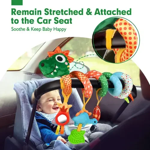 Baby Car Seat Toy - Infant Baby Dinosaur Crib Bed Around Rattle Bell Cartoon Dinosaur Spiral Hanging Newborn Toy for 0 3 6 9 12 Months Baby - 2
