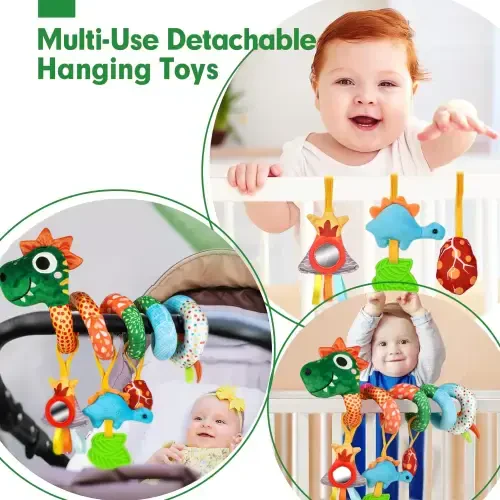 Baby Car Seat Toy - Infant Baby Dinosaur Crib Bed Around Rattle Bell Cartoon Dinosaur Spiral Hanging Newborn Toy for 0 3 6 9 12 Months Baby - 4