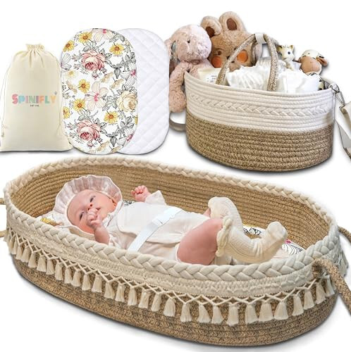 Baby Changing Basket Set w. Diaper Caddy Organizer Macrame Boho Moses Basket for Babies, Handmade 100% Cotton Rope, Woven Portable Nursery Decor Waterproof Pad & Floral Pad - 1