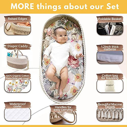 Baby Changing Basket Set w. Diaper Caddy Organizer Macrame Boho Moses Basket for Babies, Handmade 100% Cotton Rope, Woven Portable Nursery Decor Waterproof Pad & Floral Pad - 5