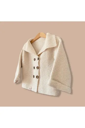 Baby Child Girl Boy Ecru 100% Cotton Hand Knit Tricot Shawl Collar Cardigan Jacket-ECRU - BEE BY SISTERS (1)