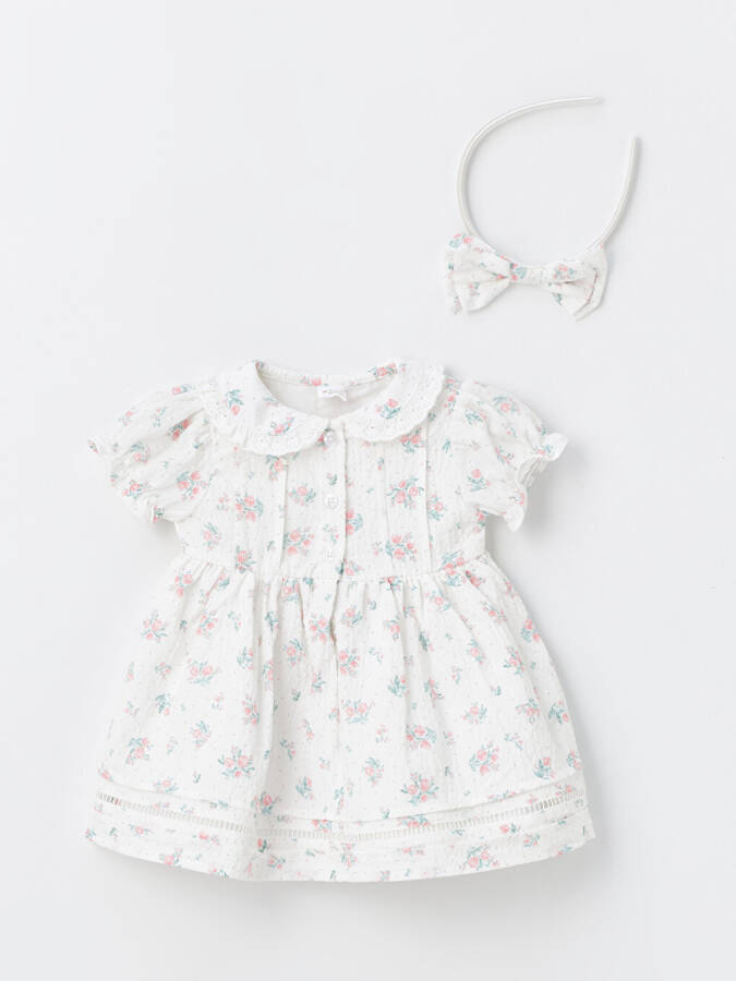 Baby Collar Floral Short Sleeve Baby Girl Dress and Hair Band Set of 2 - 9