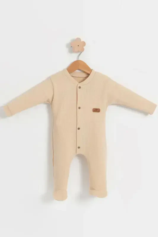BABY COLORED COTTON WAFFLE FABRIC JUMPSUIT-BEIGE - 1