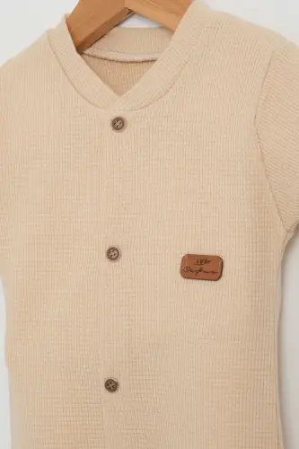 BABY COLORED COTTON WAFFLE FABRIC JUMPSUIT-BEIGE - 3