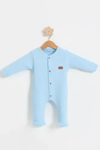 BABY COLORED COTTON WAFFLE FABRIC JUMPSUIT-BLUE - 1