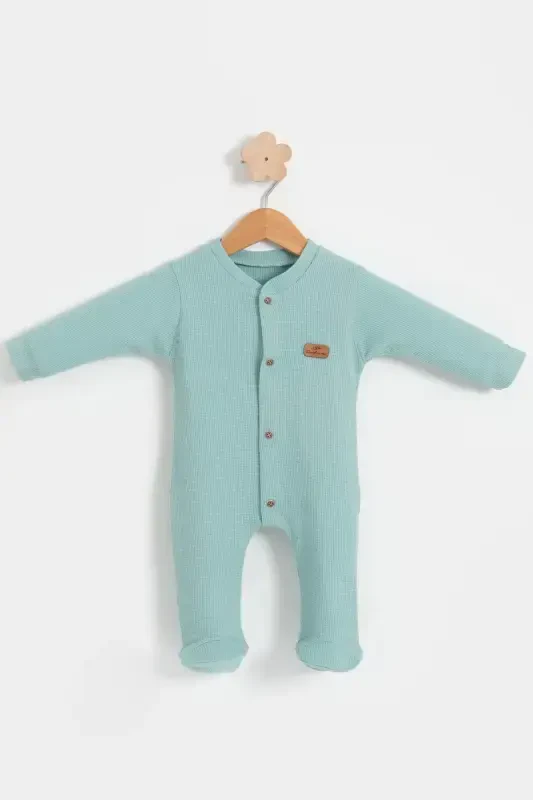 BABY COLORED COTTON WAFFLE FABRIC JUMPSUIT-GREEN - 1