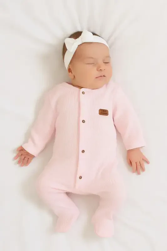 BABY COLORED COTTON WAFFLE FABRIC JUMPSUIT-PINK - 1