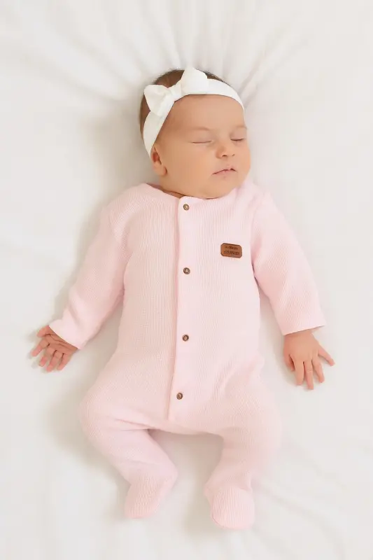BABY COLORED COTTON WAFFLE FABRIC JUMPSUIT-PINK - 2